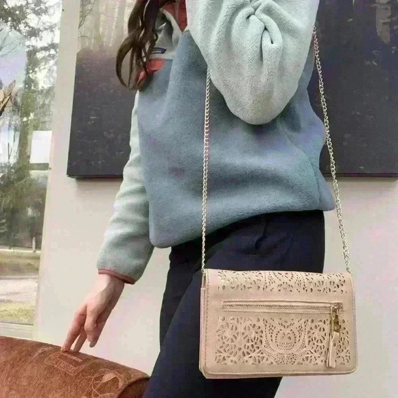 Mystique Women’s Floral Cut Out Tan Gold Chain Luxury Purse Wedding Guest Bag - Picture 2 of 15